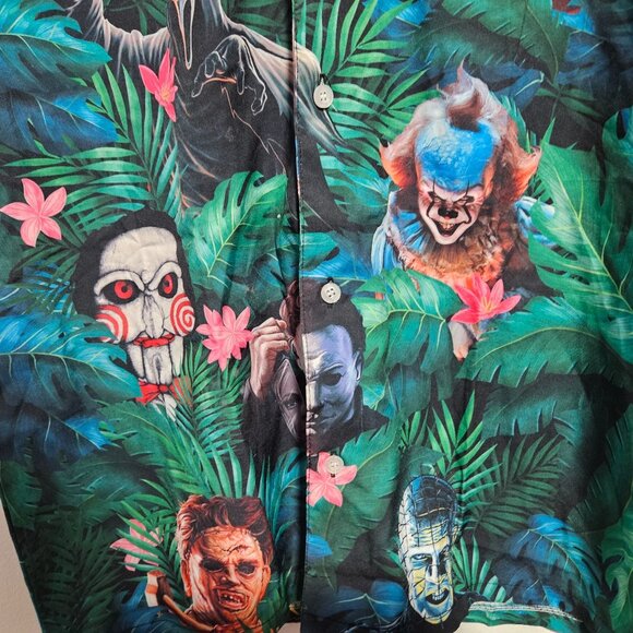 Horror Themed Hawaiian Shirt Mens Size Medium Classic Movie Villains Print Green - Picture 4 of 5